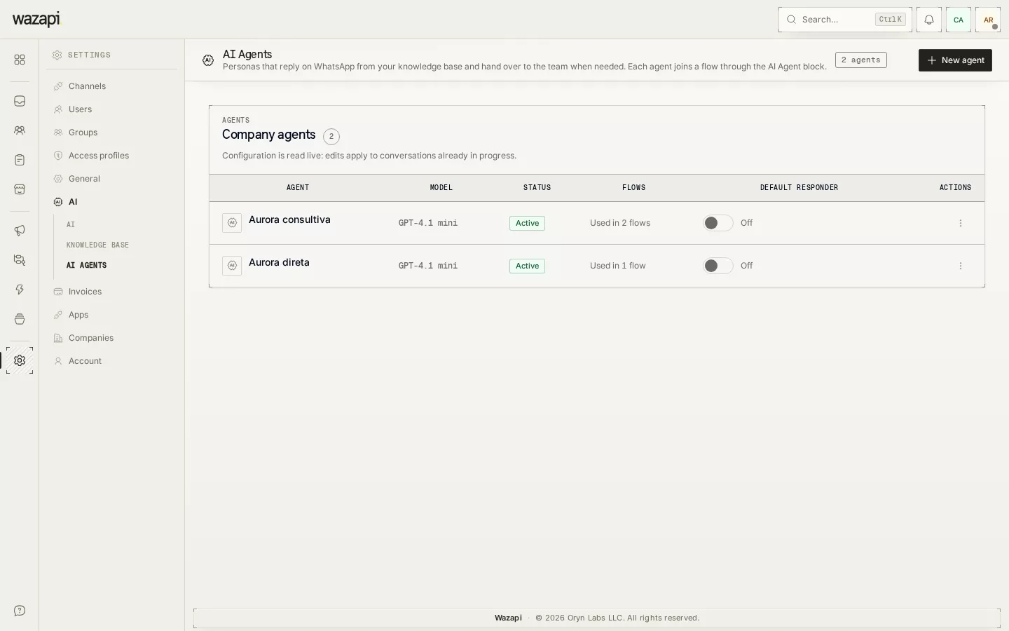 List of AI agents with status, model and a shortcut to the default reply