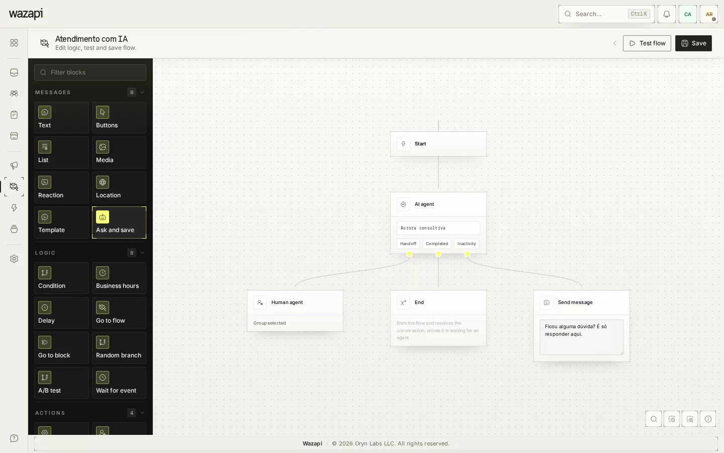 Flow editor with the AI Agent block and its Transfer, Completed and Inactivity exits