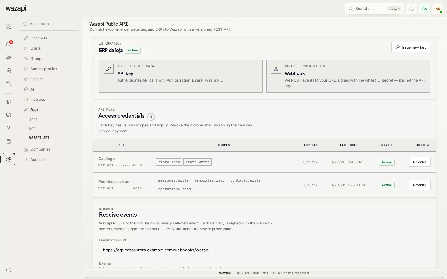 Wazapi API page with the integration, its tokens and their scopes