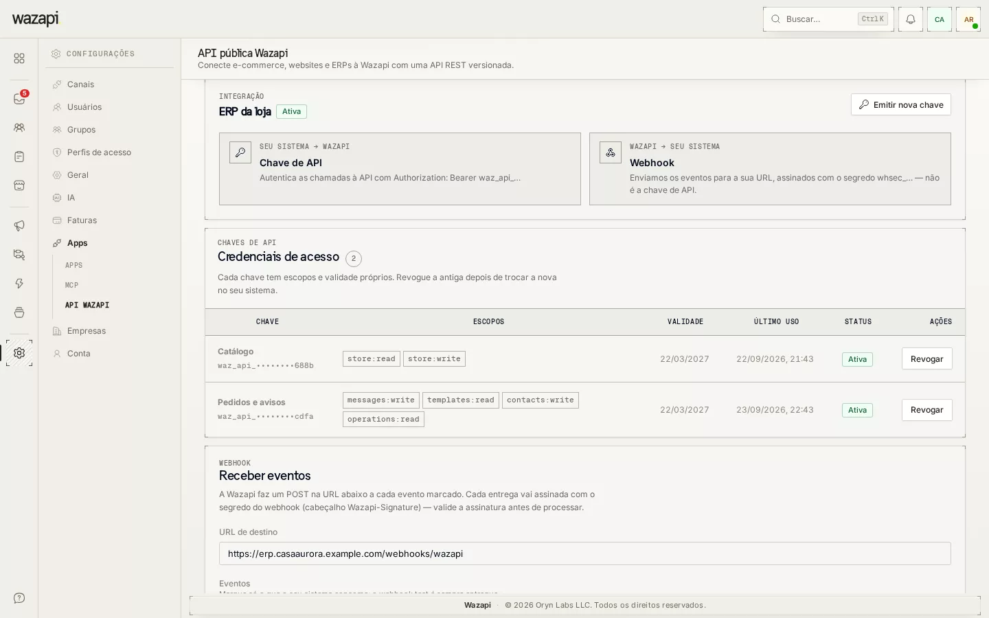 Tela de API do Wazapi com a integração, os tokens e seus escopos
