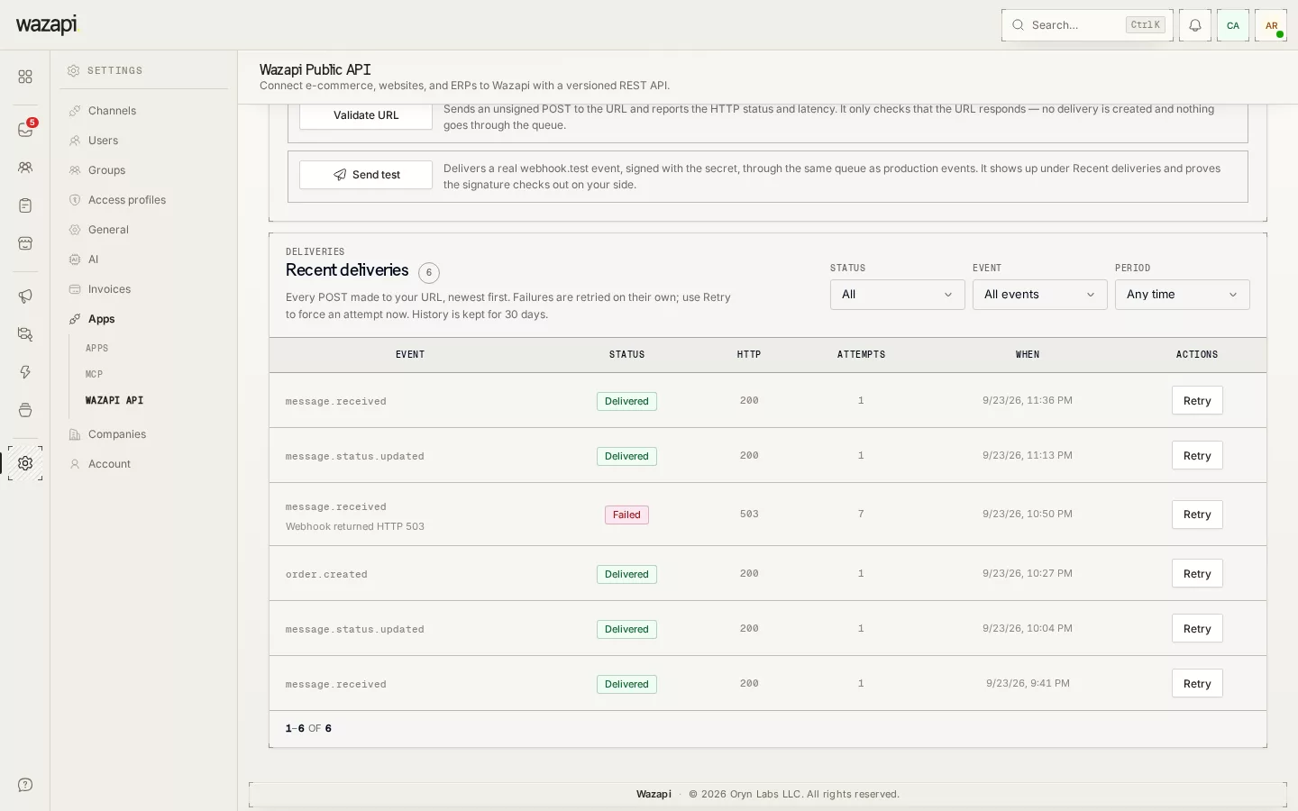Registered webhook with the chosen events and the delivery history