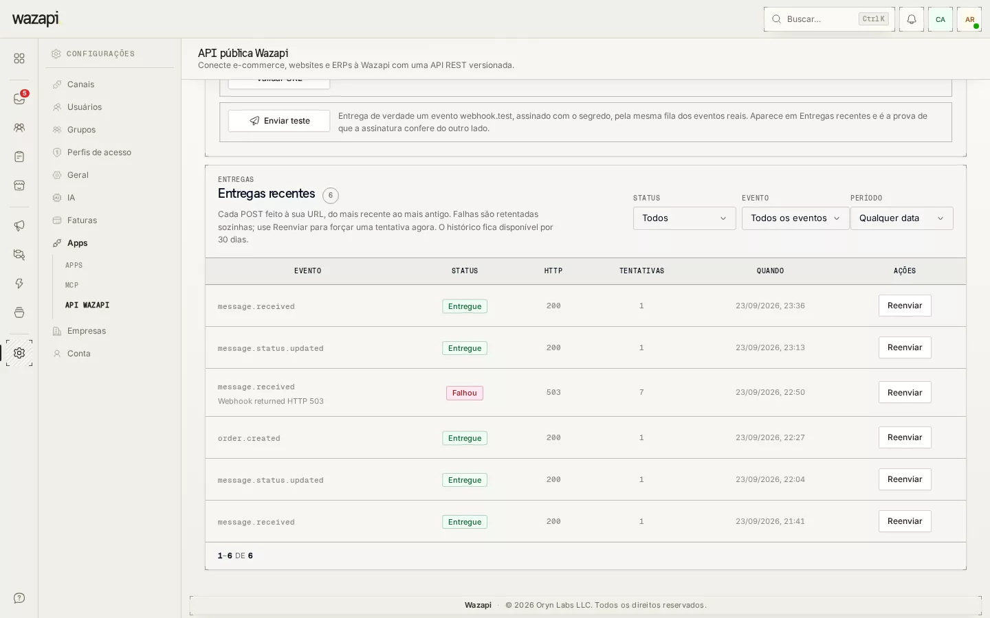 Webhook cadastrado com os eventos escolhidos e o histórico de entregas