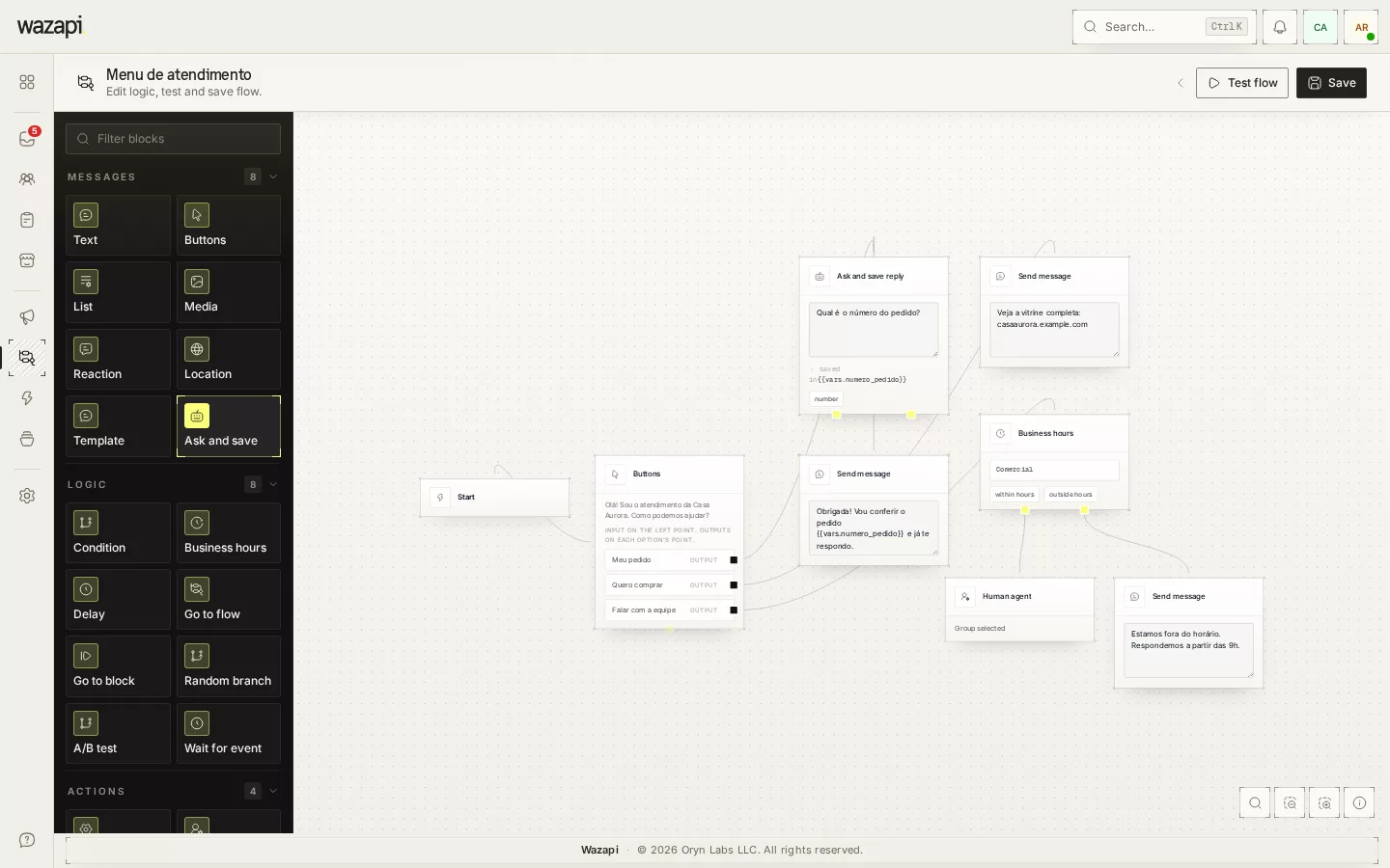 Visual flow editor with buttons, a validated question, business hours and handoff to the team