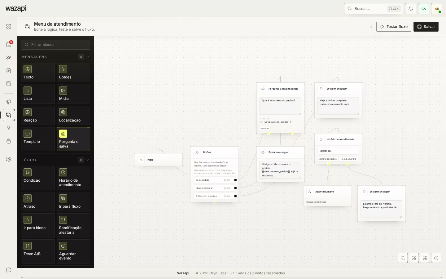 Editor visual de fluxos com botões, pergunta com validação, horário de atendimento e passagem para a equipe