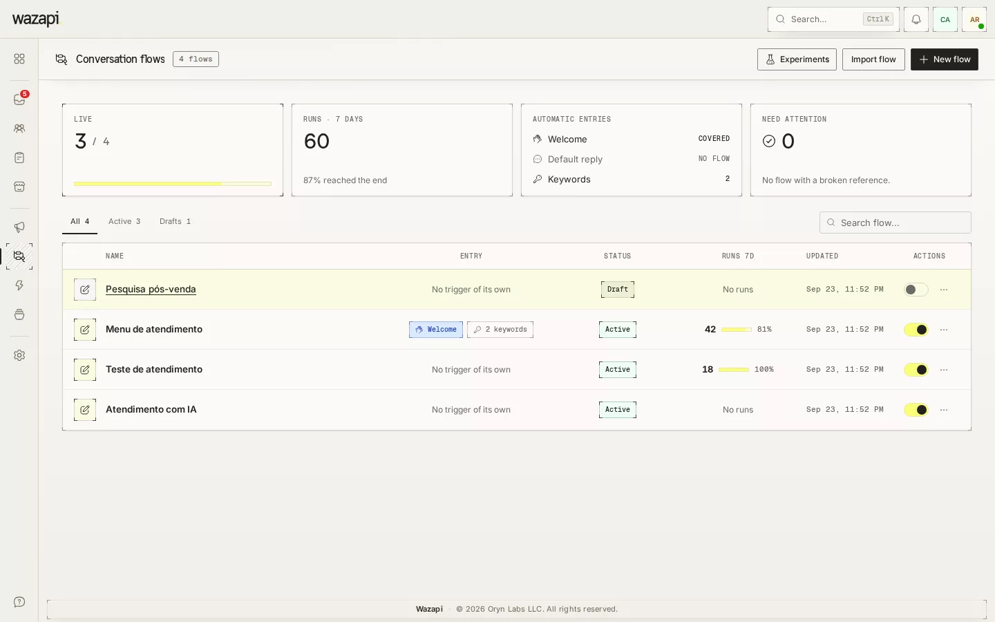 Flow list with status, triggers and runs in the last 7 days