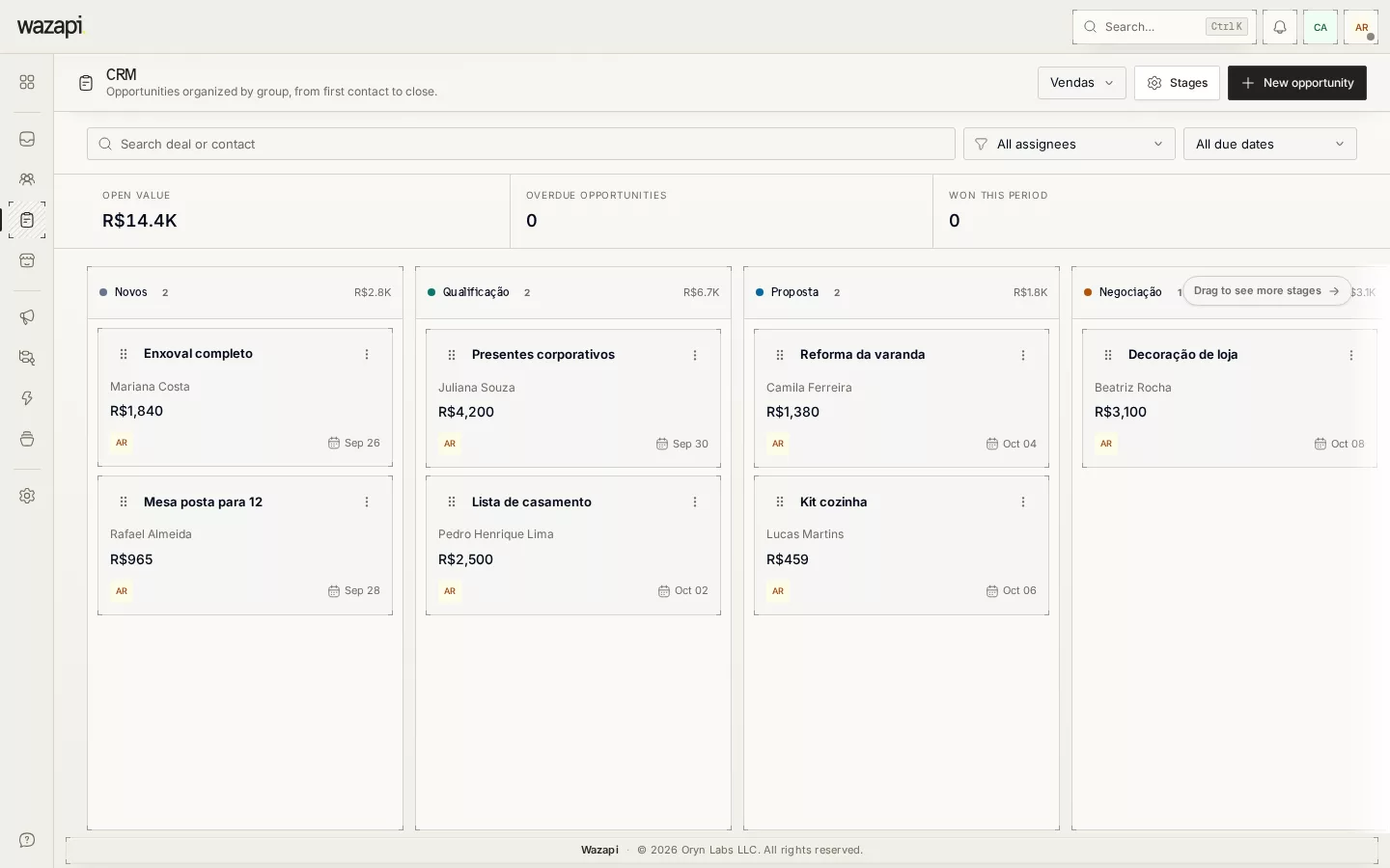 CRM board with stages as columns and opportunities with value and owner