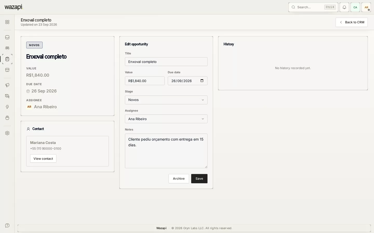 A CRM opportunity page with value, due date, stage, owner and the linked contact