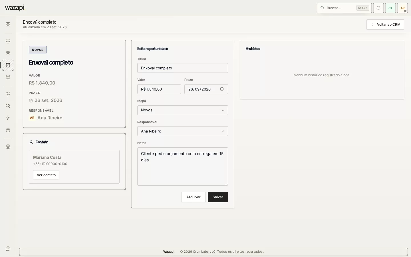 Página de uma oportunidade do CRM com valor, prazo, etapa, responsável e o contato ligado