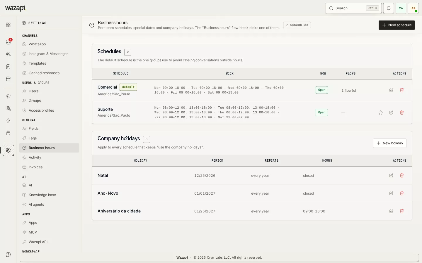 Business hours page with two schedules, their open or closed status and the company holiday list