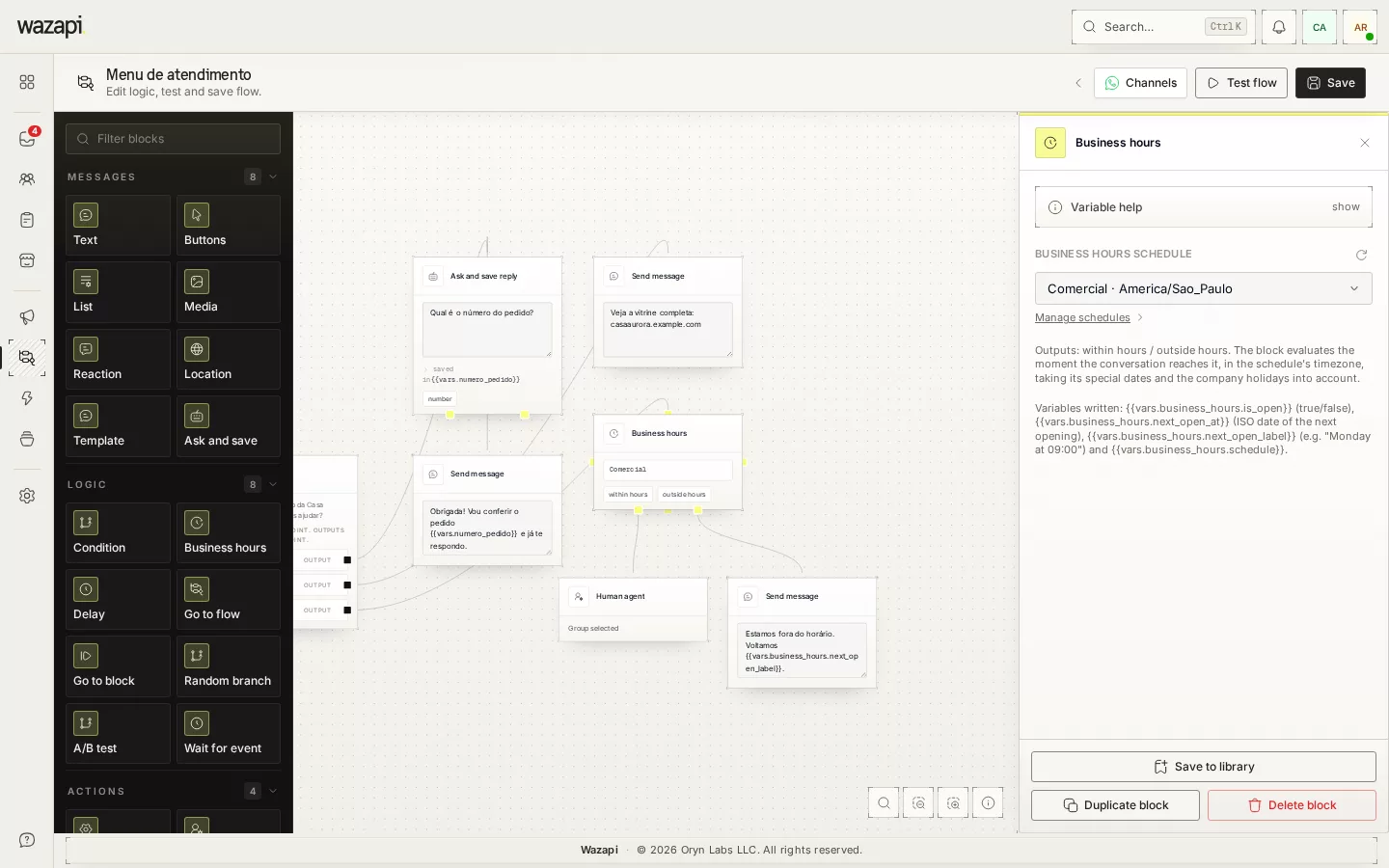 Flow editor with the Business hours block selected and its inside and outside exits