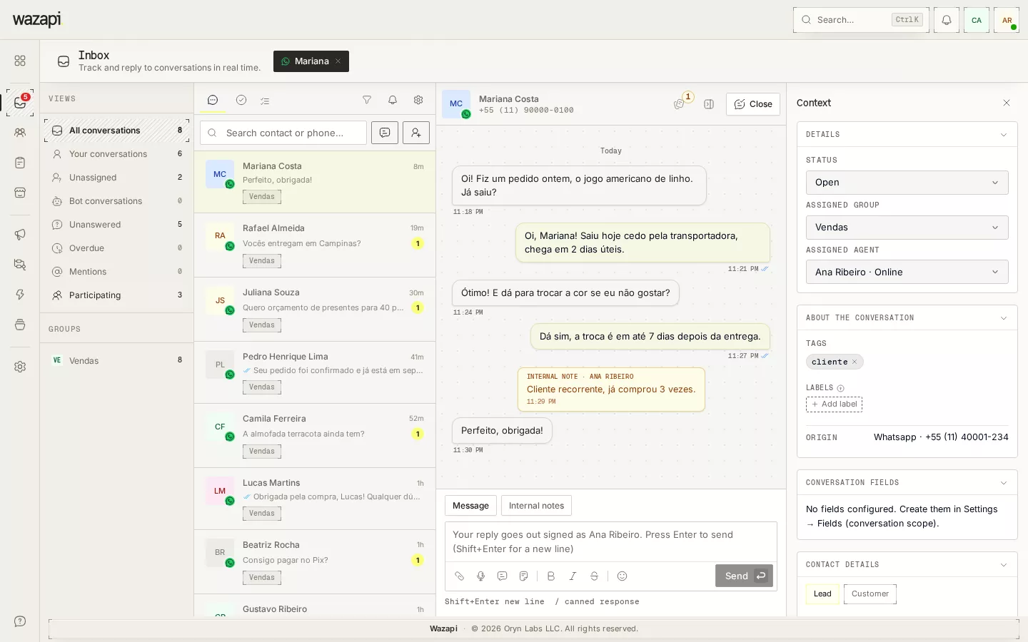 Wazapi inbox with the conversation list, an open conversation and the contact panel