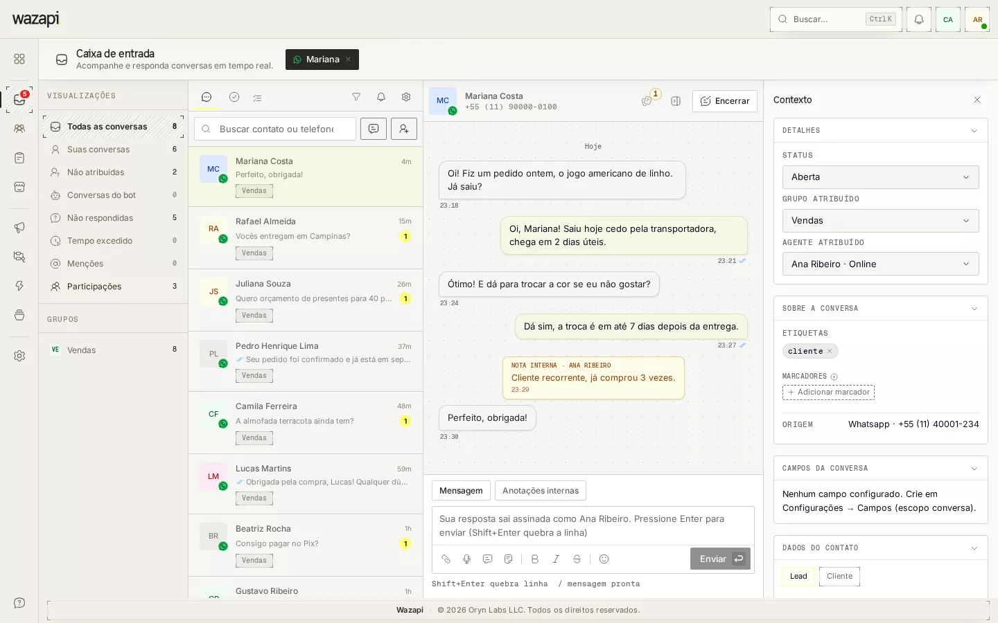 Inbox do Wazapi com a lista de conversas, a conversa aberta e o painel do contato