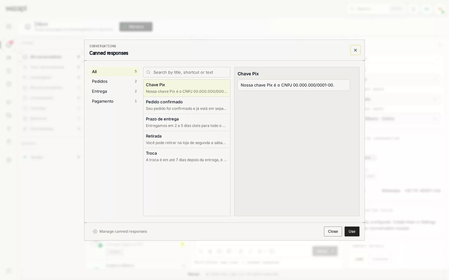 Inbox reply box with the canned responses list open