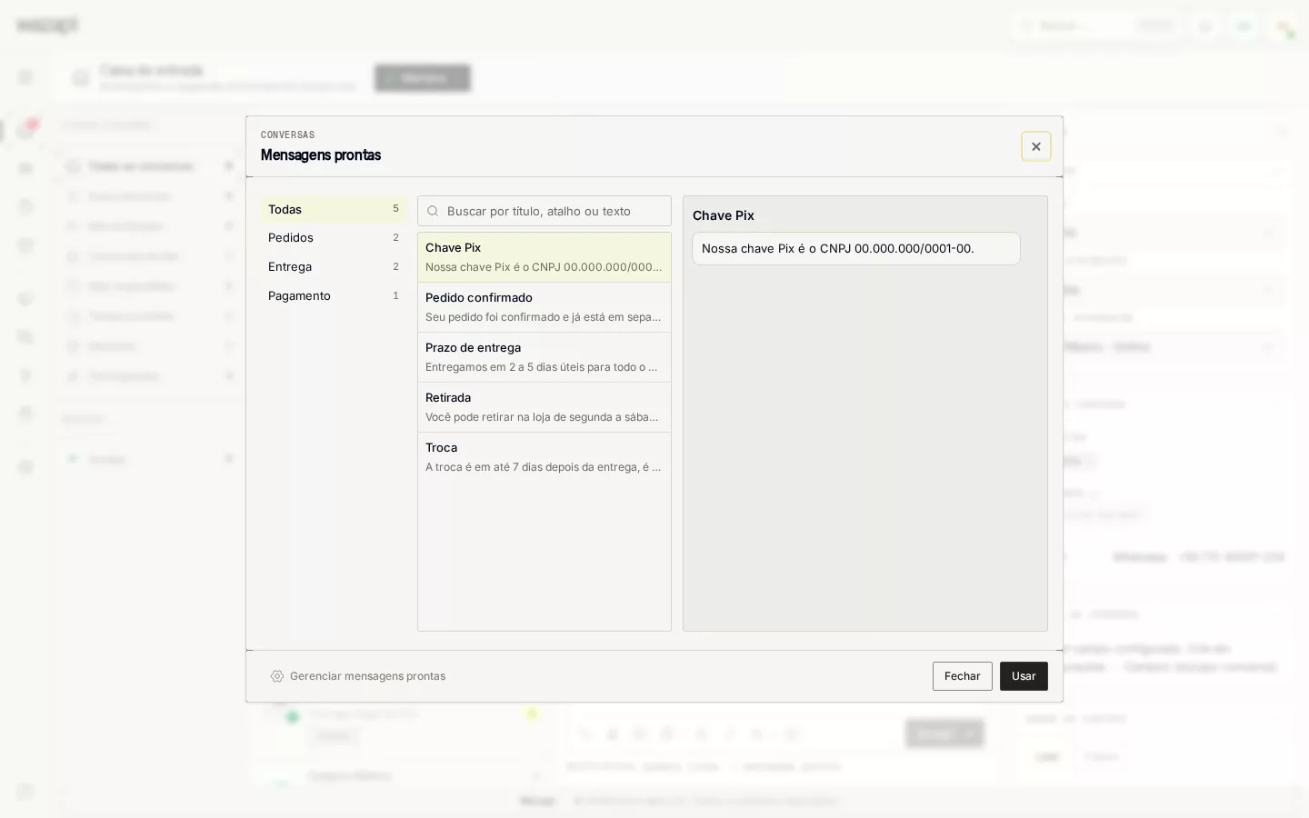 Campo de resposta do inbox com a lista de mensagens prontas aberta