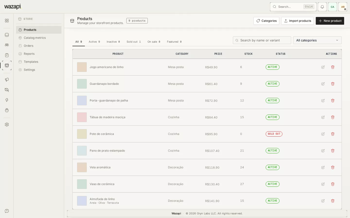 Store product list with photo, price, stock and status