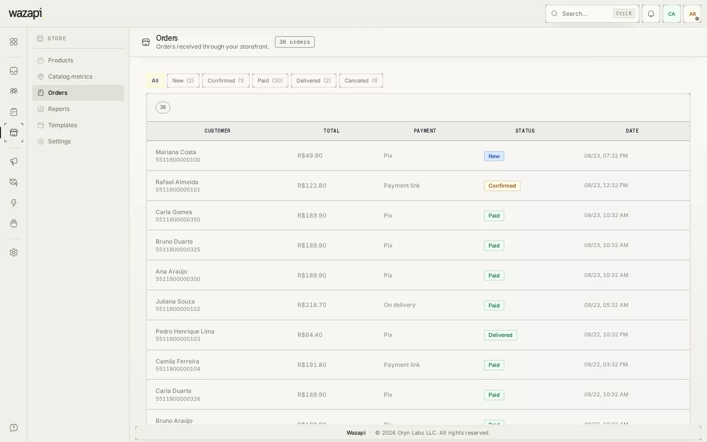 Store order list with customer, total, payment method and status