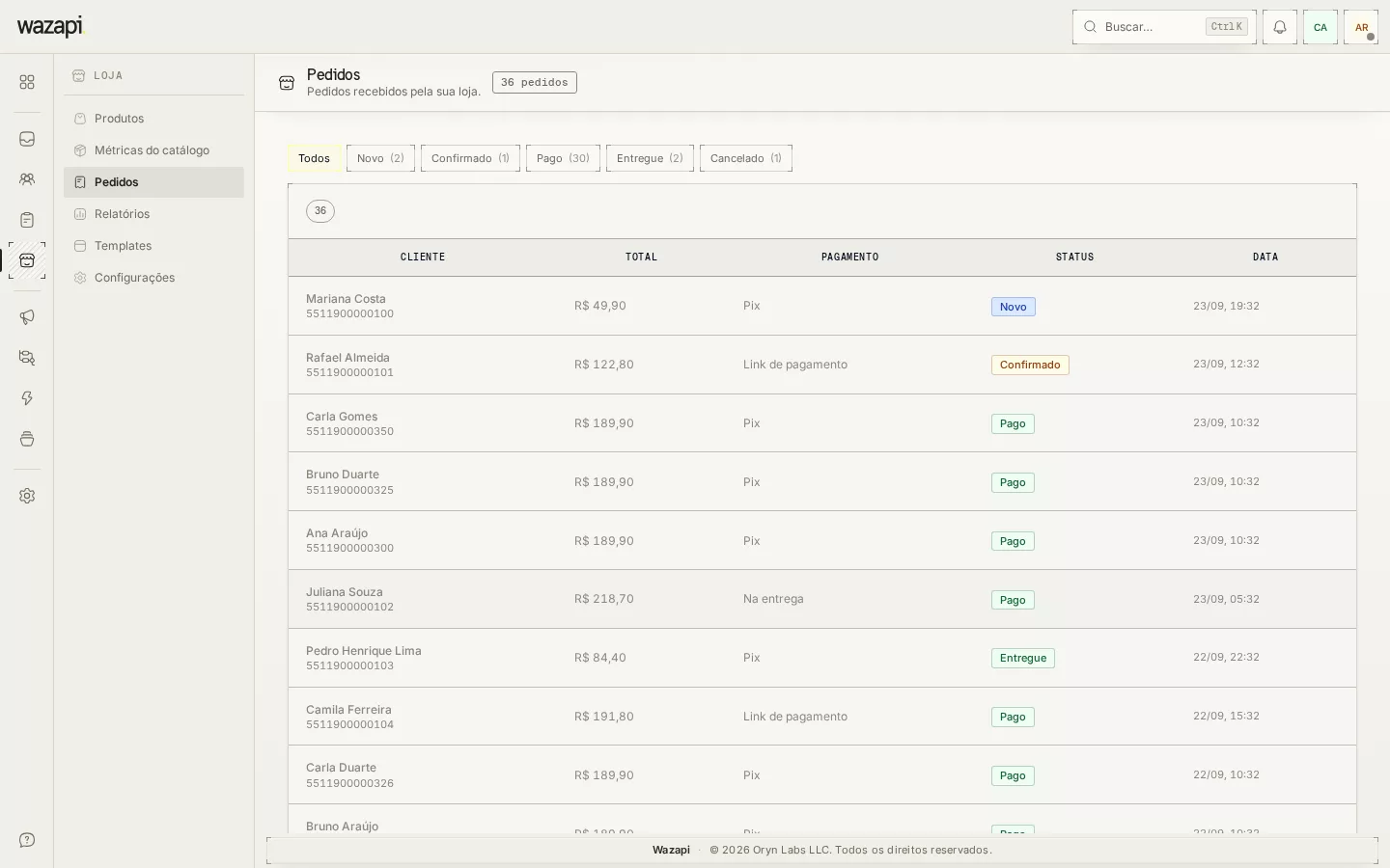 Lista de pedidos da Loja com cliente, total, forma de pagamento e status