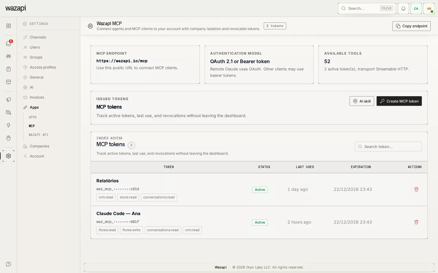Wazapi MCP page with the server address and access tokens