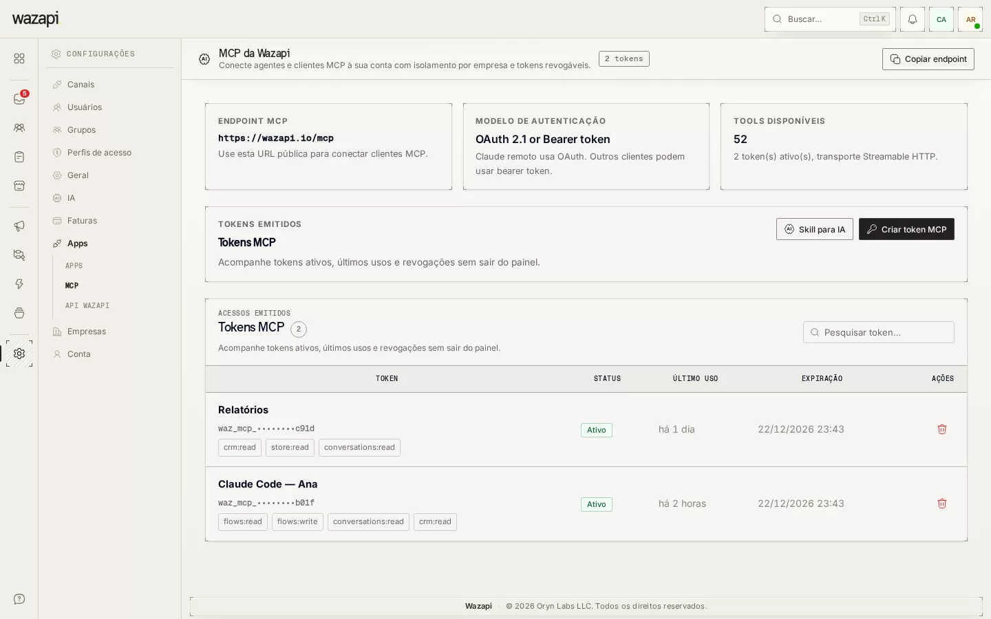 Tela de MCP do Wazapi com o endereço do servidor e os tokens de acesso
