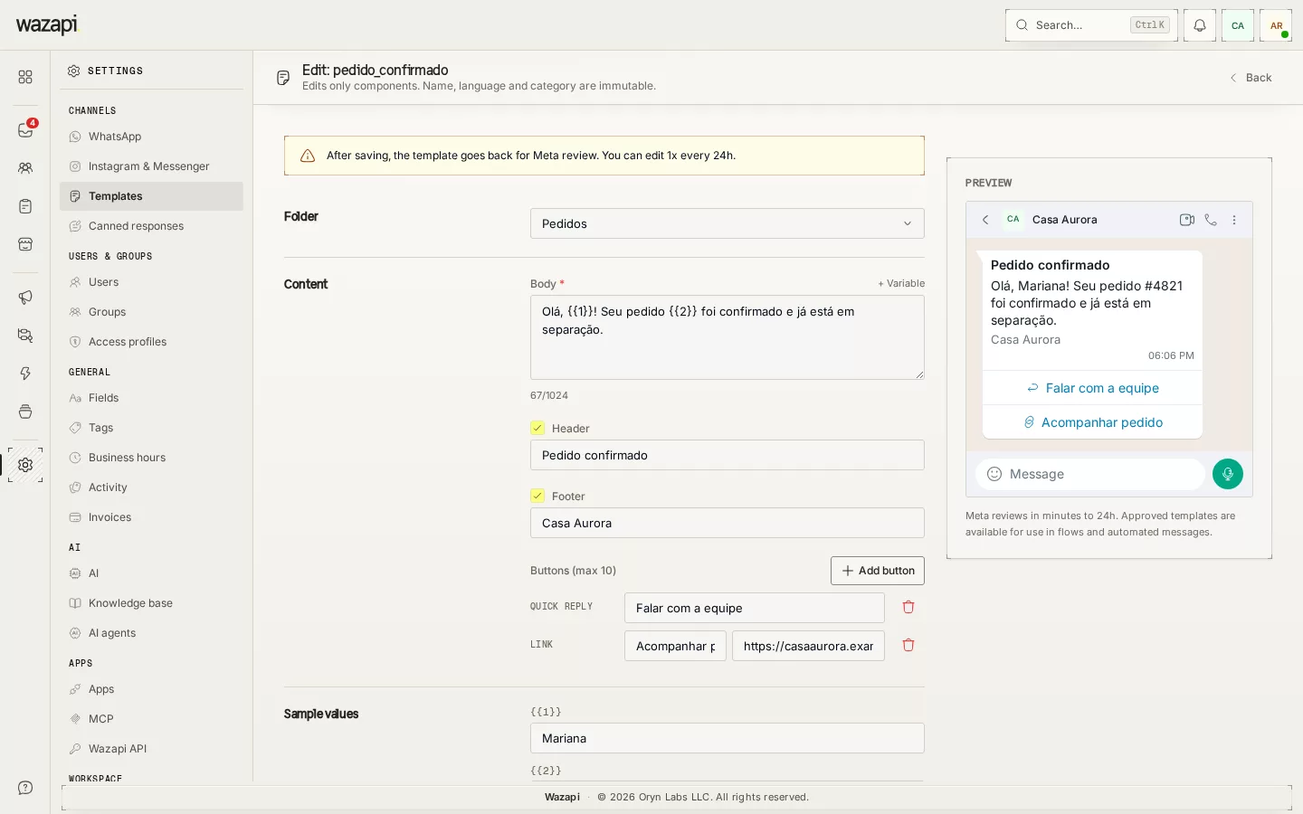 Editing a template with body, variables, buttons and the WhatsApp-style preview