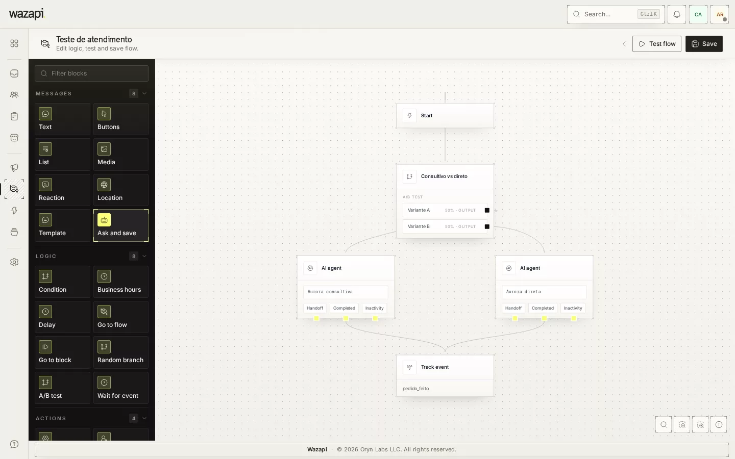 Flow editor with the A/B Test block splitting contacts into two variants
