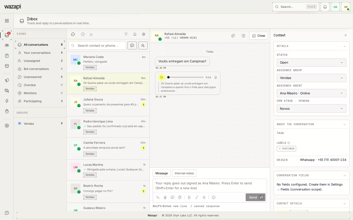 Inbox conversation with a customer voice message and its text transcript under the player