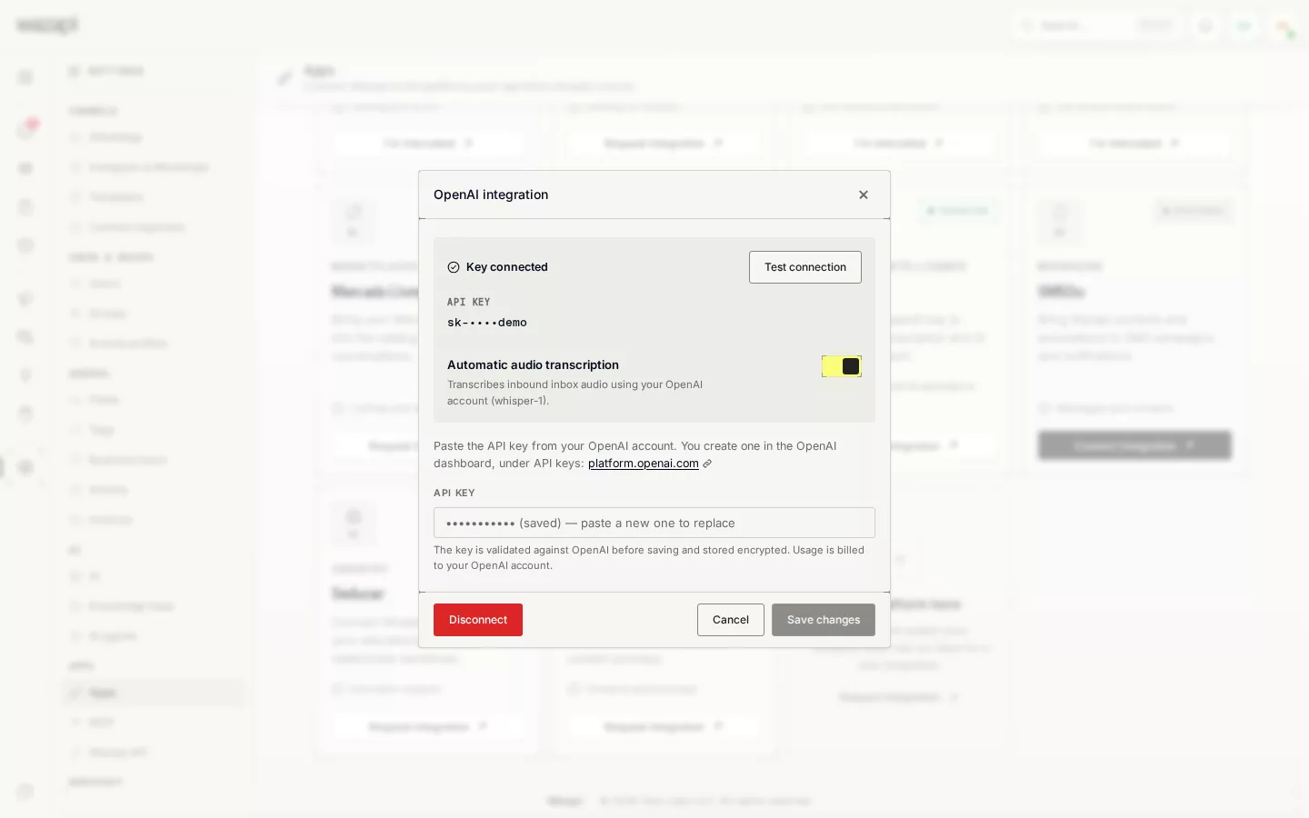 OpenAI integration window with Automatic audio transcription turned on
