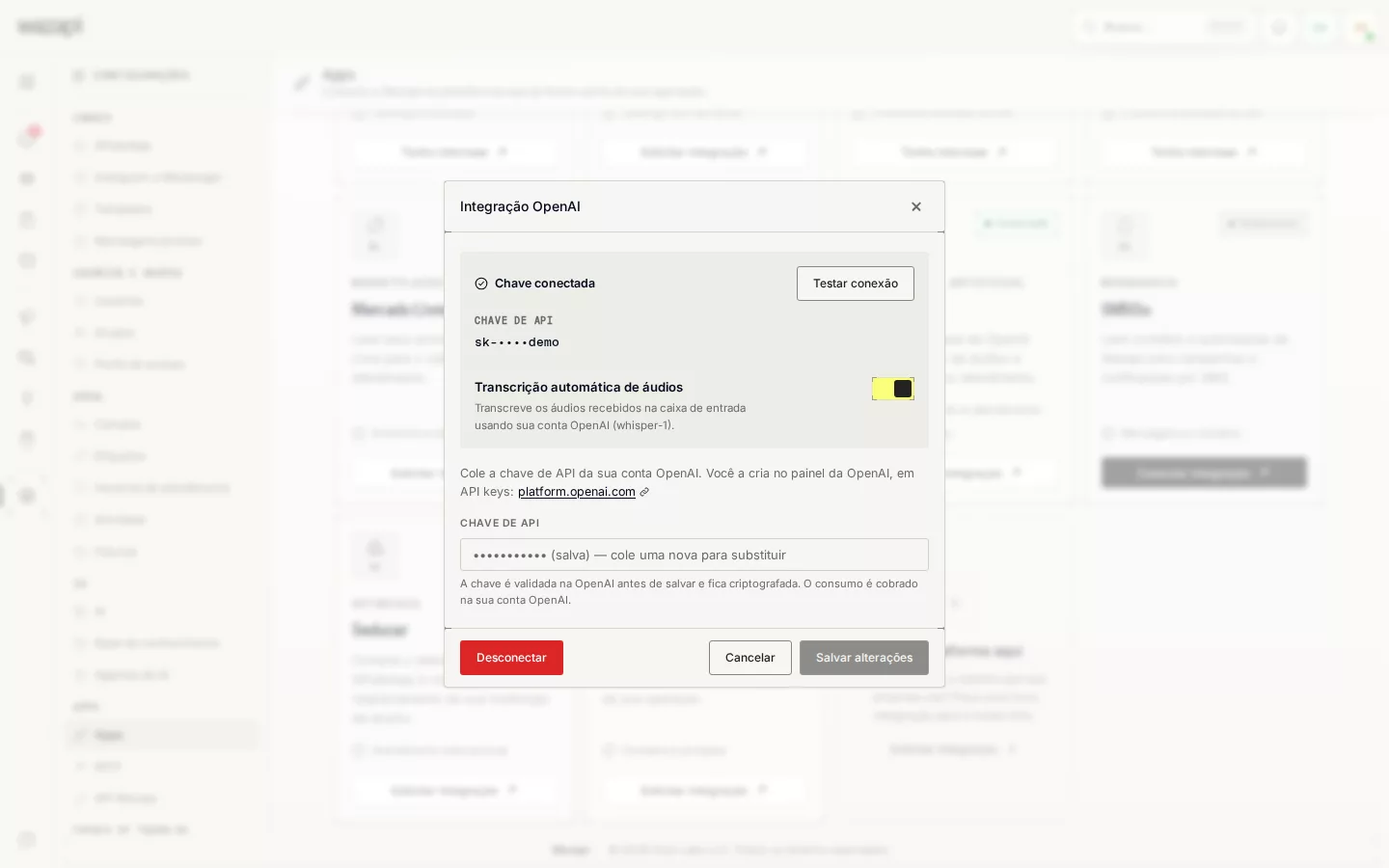 Janela da integração OpenAI com a opção Transcrição automática de áudios ligada